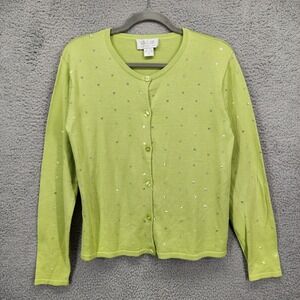 Silk Club Collection Lime Green Sequin Silk Cotton Cardigan Sweater Womens M